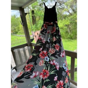 R&K Black Maxi Dress with Red, Pink & Green Floral Skirt